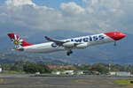 Edelweiss Air, HB-JMD, Airbus A340-313X, msn: 556,  Glacier 3000 , 24.März 2023, SJO San José, Costa Rica.
