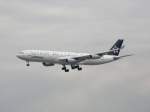 Ein A 340 der Lufthansa (Star Alliance) bei der Landung in FRA (Frankfurt) am 16.07.2008