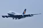 LUFTHANSA AIRBUS A380-800 New York mit der Kennung D-AIMH am 26.9.2013,leider bei sehr  diesigem  Wetter im Landeanflug auf FRA L25.