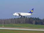 Eine 737-500 der Lufthansa (D-ABIN,  Langenhagen ) gert beim Anflug in einen kleinen Vogelschwarm.