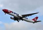 Airbus A330-342/X, HB-JHQ von EDELWEISS beim Start am 30.7.2013 in Zrich/Kloten.