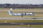 G-ECOY, eine Dash 8-400Q von Flybe, setzt am 9.3.2010 zur Landung in Dsseldorf an.