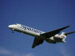 Boeing 717-200 der Spanair aus Barcelona vor Landung in Zrich-Kloten (7.8.08).