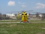 Heckansicht des ADAC Rettungshubschraubers D-HTIB, ein Intensiv-Transport-Hubschrauber (ITH) vom Typ Eurocopter BK 117; Elbwiese Dresden-Johannstadt, 28.03.2007
