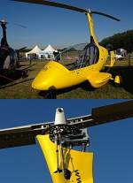 Einsitziger Gyrocopter vom Typ Caldius der Fa. AutoGyro. Um die Startstrecke zu verkrzen kann vor dem Rollen kurzzeitig Antriebskraft des Heckmotors auf den ansonsten frei drehenden Tragrotor geleitet werden. Ist gengend Umdrehung erreicht wird der Kraftflu wieder voll auf den Heckpropeller gegeben und der Start eingeleitet. Foto: ILA 14.09.2012