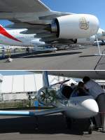 E-Fan (F-WILE). Größer könnte der Innovationssprung nicht sein. Unter der Tragfläche des Airbus A380 steht das Elektroflugzeug E-Fan von Airbus. Leergewicht 500kg; Gesamtleistung 60kW aufgeteilt auf zwei ummantelte Triebwerke am Heck; 120 Lithium Polymer Zellen; 1 Stunde Flugzeit mit 15 Minuten Reserve; Vreise 160km/h; Vmax 220km/h. Auf dem Rollweg kommt nur ein 6kW Motor im Hauptfahrwerk zum Einsatz. Dieser kann zusätzlich zur Startbeschleunigung bis zu einer Geschwindigkeit von 60km/h genutzt werden. Foto: 25.05.2014, ILA 2014 Berlin