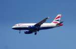 British Airways A319-131 G-EUPD beim Landeanflug zum Flughafen Berlin Tegel, 10.06.08. 