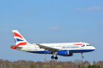British Airways Airbus A319 G-EUOE am 02.04.16 bei der Landung in Hamburg Fuhlsbüttel aufgenommen.