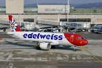 Edelweiss A320-214 HB-IJW  Braunwald  biegt am 19.1.19 in Zürich in sein Gate ein.