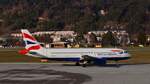 Der 14 Jahre alte Airbus A320-232 mit dem Kennzeichen G-EUUY von British Airways macht sich am 07.01.2023 am Flughafen Innsbruck bereit zum Start Richtung London.