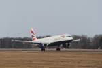 Ein Airbus A321 der British Airways bei der Landung in Hamburg Fuhlsbttel am 12.03.11
