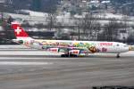 Swiss Peace and Love A340-300 HB-JMJ beim Verlassen der 14 in ZRH / LSZH / Zürich am 22.01.2011