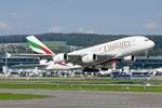A380-861 (A388) A6-EUC Der Emirates hebt ab am 15.9.18 in Zürich.