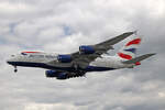 British Airways, G-XLEG, Airbus A380-841, msn: 161, 06.Juli 2023, LHR London Heathrow, United Kingdom.