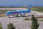 Thomson Airlines, G-BYAL, B757-204 rollt nach der Landung auf Kos (KGS) zum Terminal. 15.09.2010