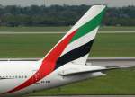 Emirates , A6-EBV, Boeing 777-300 ER (Seitenleitwerk/Tail), 28.07.2011, DUS-EDDL, Düsseldorf, Germany     