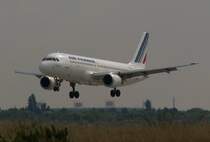 Airbus A320 F-GFKD bei der Landung auf der 05L. Das Licht war am Abend sehr merkwrdig. Mal dster, dann brach die Sonne hervor, dann wurde es diesig, dann wieder hell... Das Foto stammt vom 09.07.2007