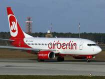 Air Berlin 737 D-ABAB in Berlin TXL am 23.02.2008 auf dem Weg zur Rwy 26L - diese Aufnahme entstand am  Spotterh�gel . Diese Fotoposition soll aber ab dem Sommer/Herbst 2008 durch eine 6-8m hohe L�rmschutzwand geschlossen werden 