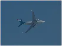 Luxair LX-LGO, eine Boeing 737-5 C 9, dreht kurz nach dem Start vom Flughafen Findel �ber der Stadt Luxemburg in s�dlicher Richtung ab.  15.3.2012  