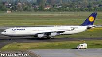 Lufthansa A340-300 D-AIFD arrives at Dusseldorf from Chicago O'Hare in the early morning. 12.5.15